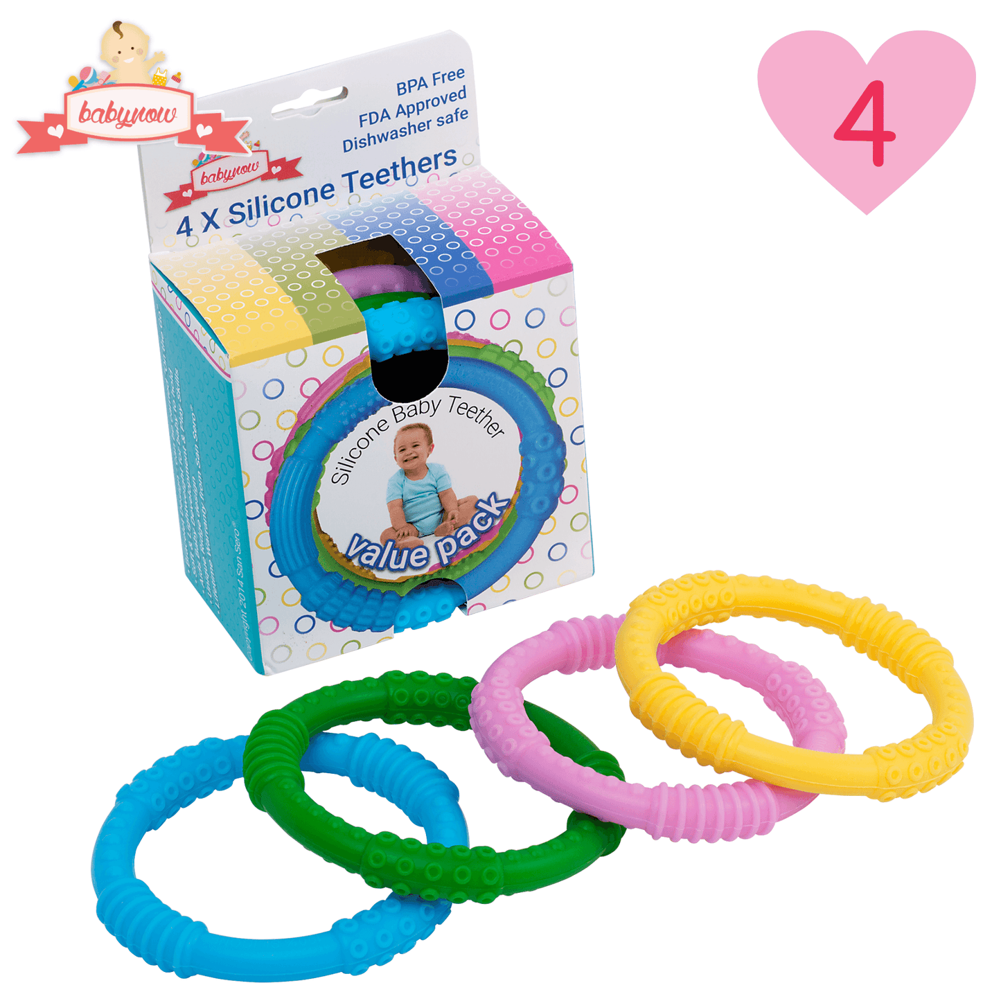 BABY Teething Rings Silicone Teether Pacifier Chew Toy Rings (4 PACK)