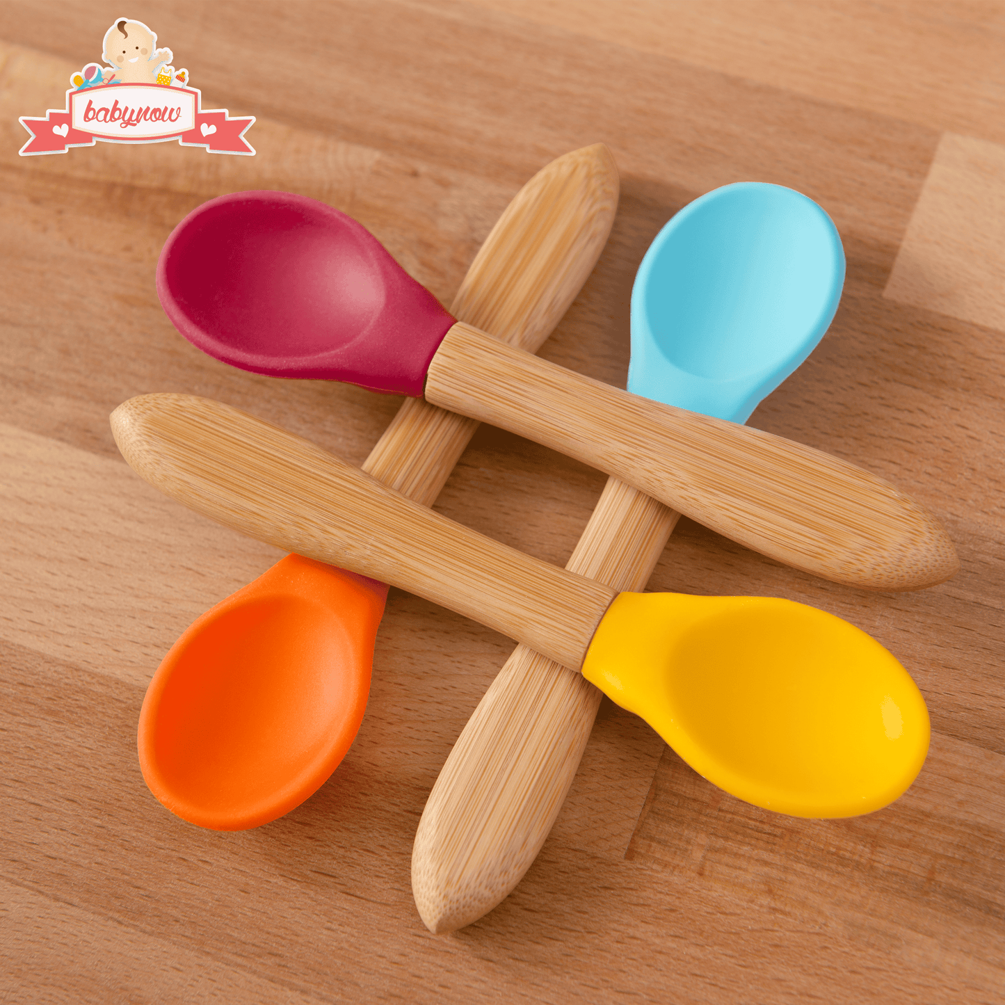 BABY Feeding Spoons 4 Color Bamboo Handle Silicone Tip 5.5" Toddler Weaning Spoon - Wholesale