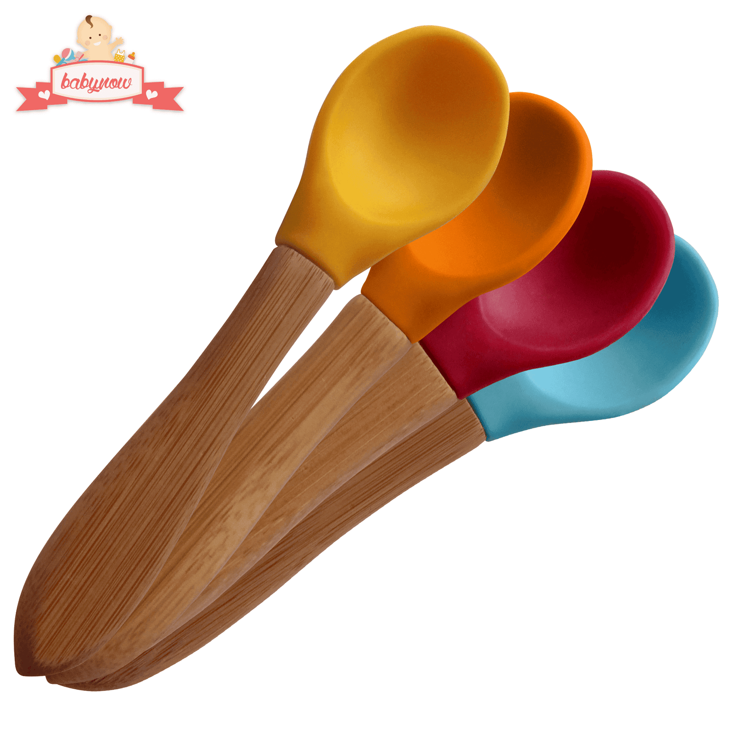 BABY Feeding Spoons 4 Color Bamboo Handle Silicone Tip 5.5" Toddler Weaning Spoon - Wholesale